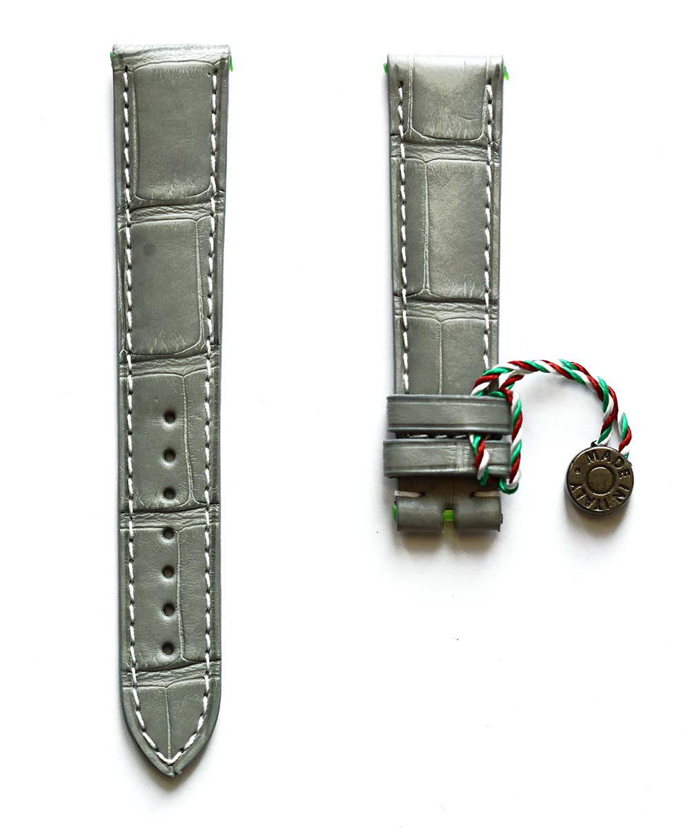 Grey Matte Alligator leather strap 20mm, 18mm / White stitching