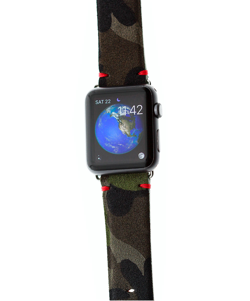 Camouflage / Mimetic Suede Leather strap (Apple Watch All Series). Red Presile stitching