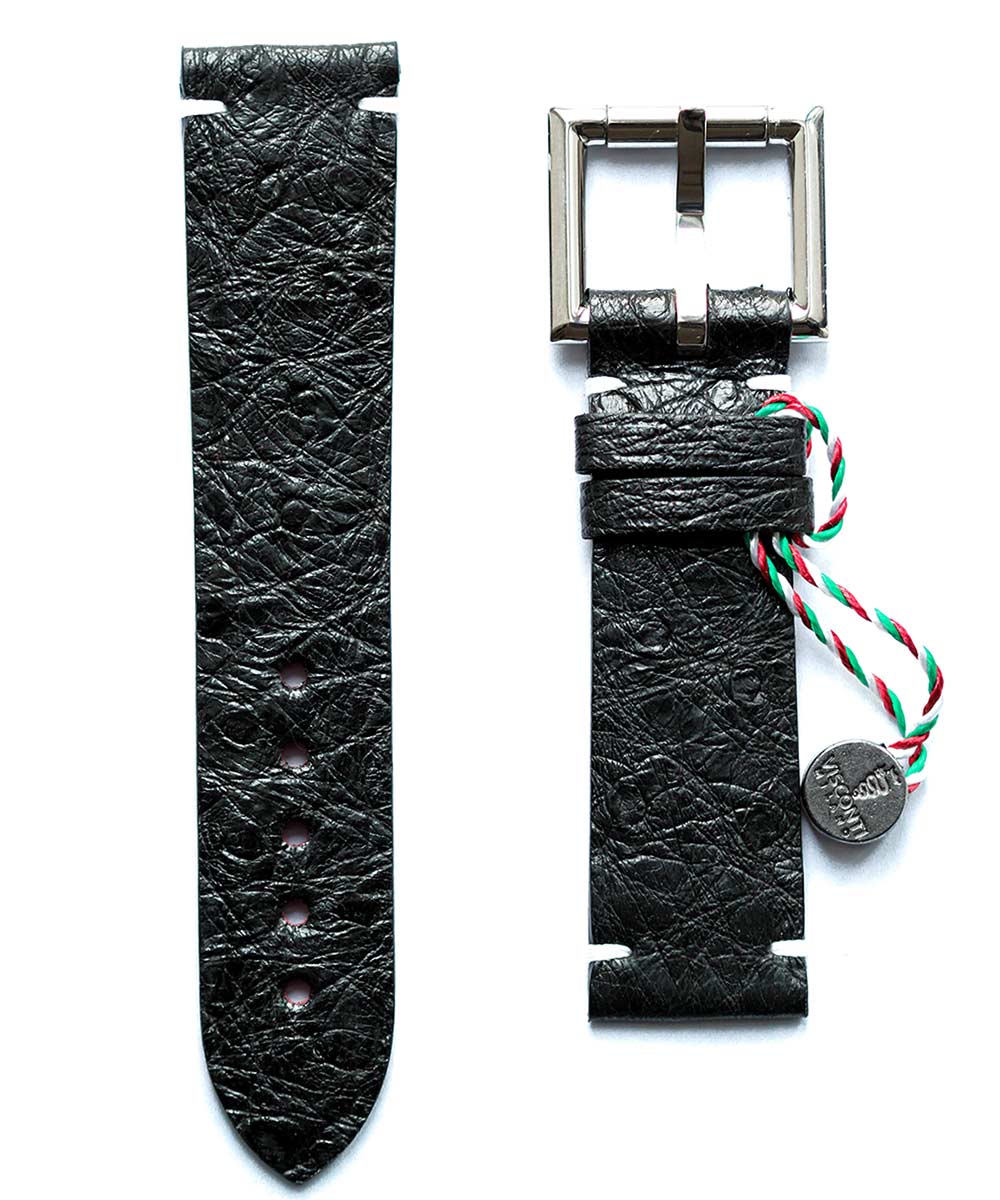 Black Ostrich leather strap with Fixed Buckle
