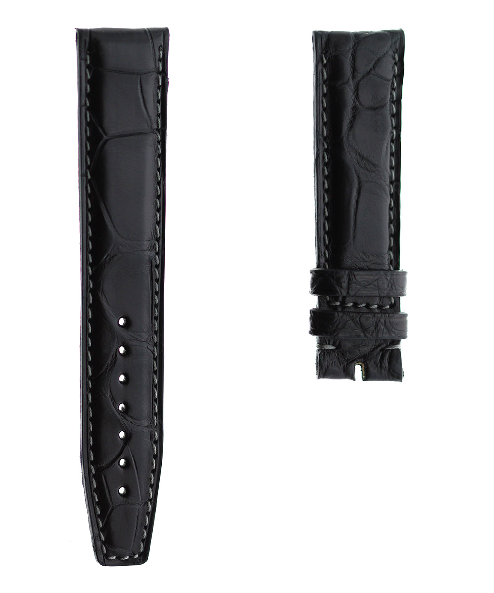 Black Alligator leather strap 20mm IWC Portuguese style. Grey Stitching