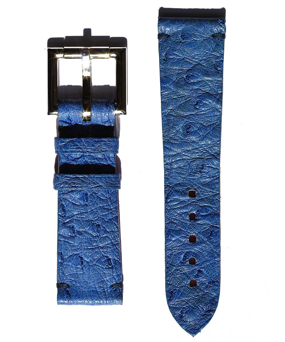 Blue Ostrich Leather strap with Fixed Buckle