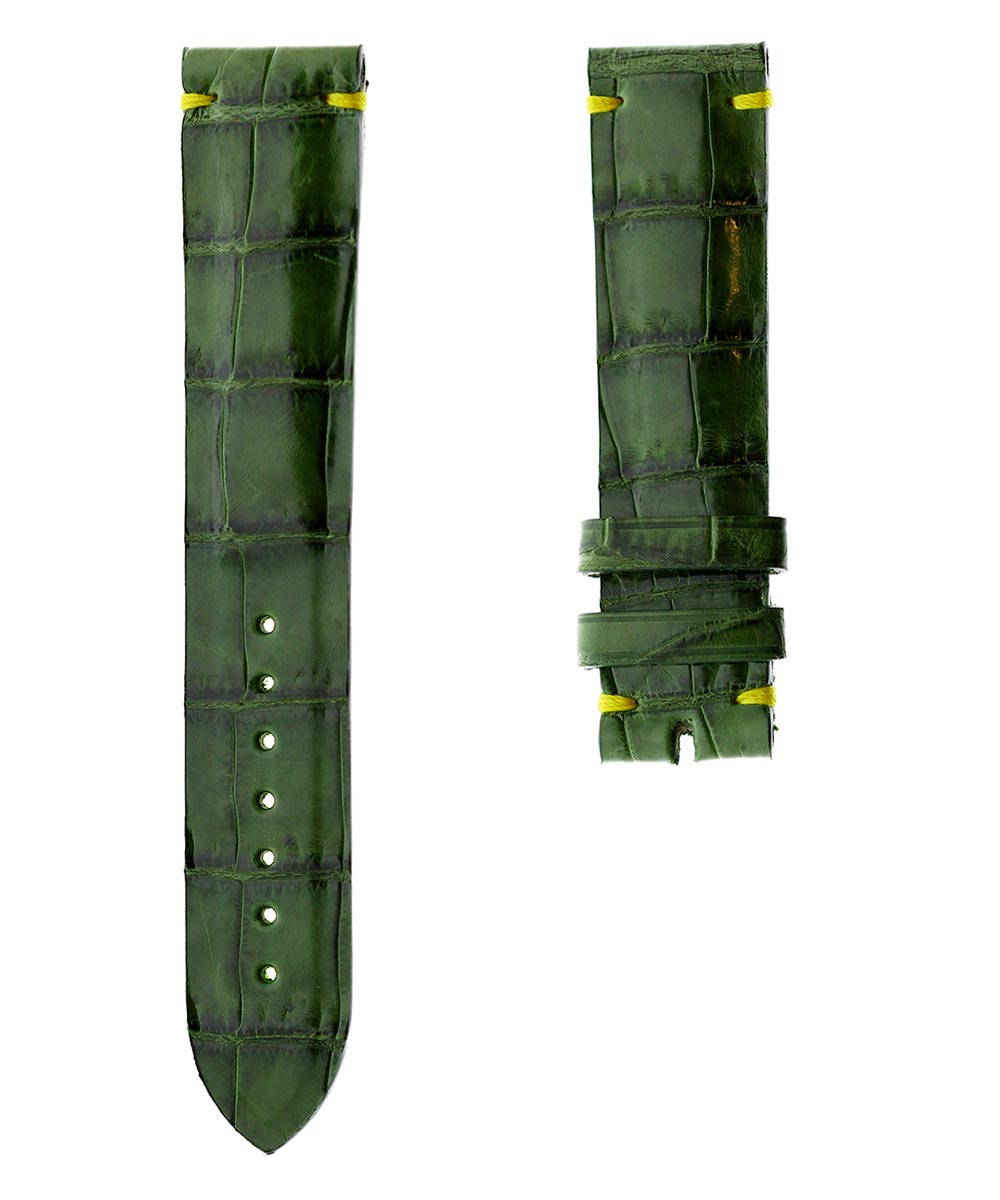 Vintage Green Shiny Alligator leather strap 19mm / Yellow Presile Stitching