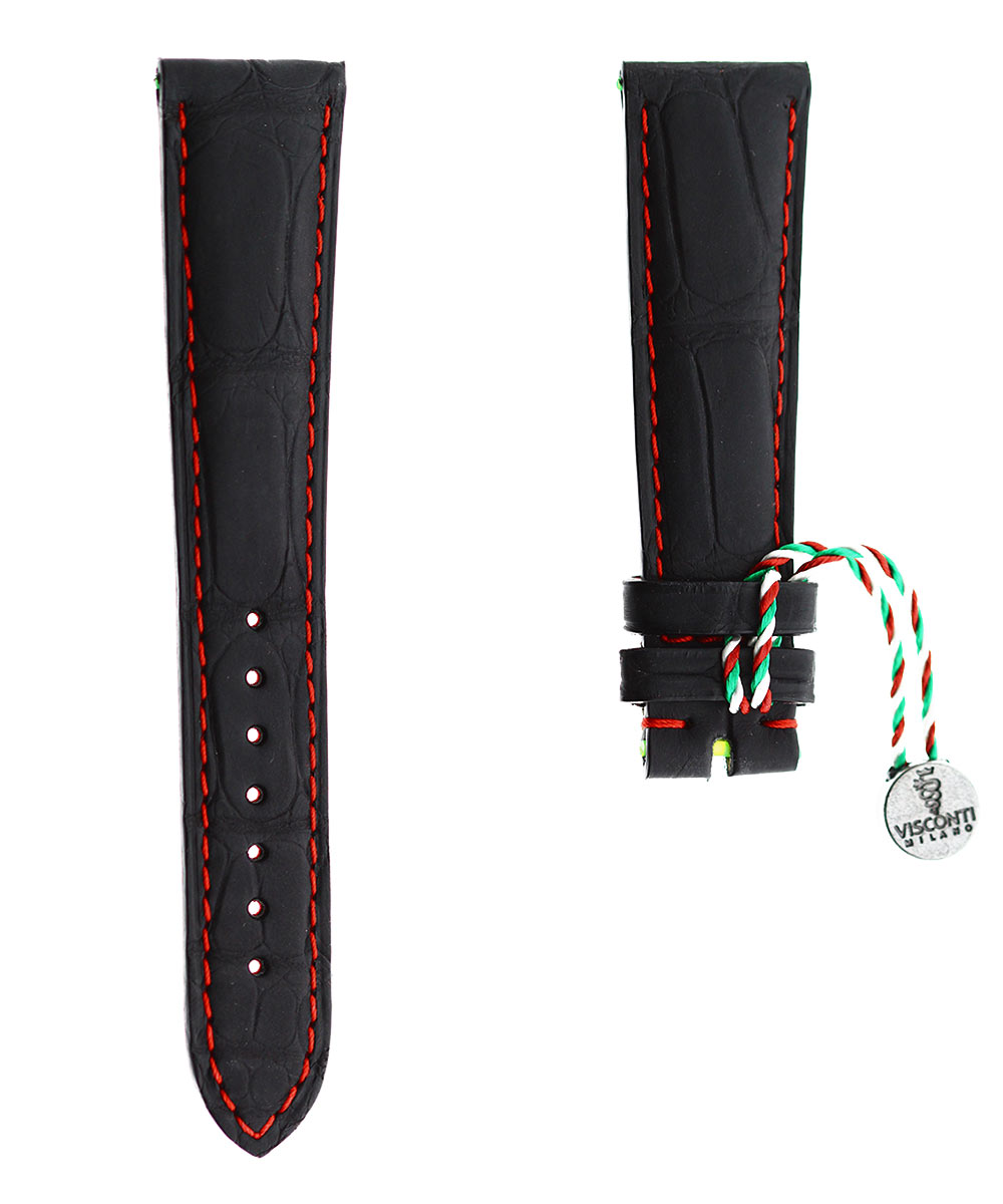 Black Rubberized Alligator leather strap 20mm, 18mm / Red Stitching