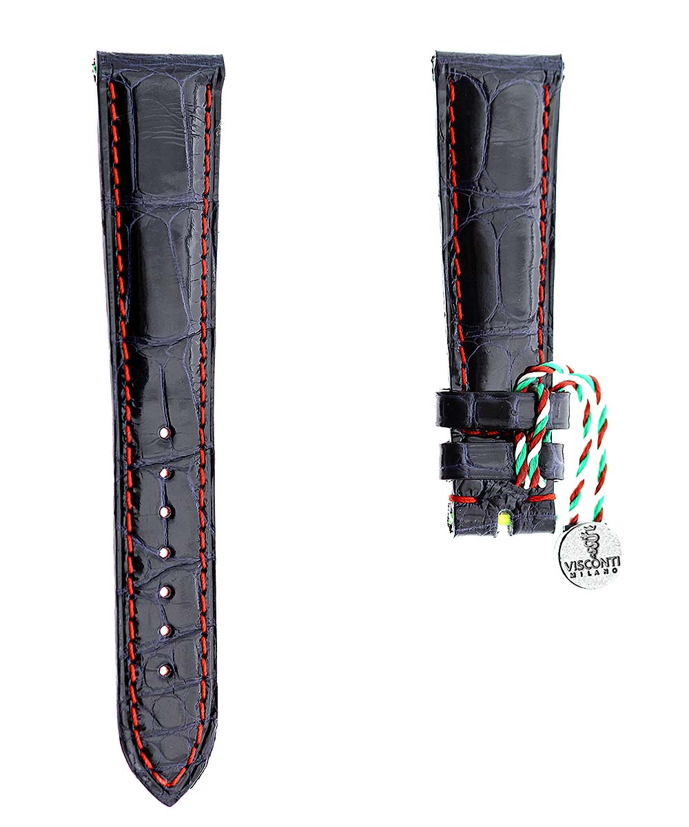Blue Petrol Shiny Alligator leather strap 20mm, 18mm / Red Stitching