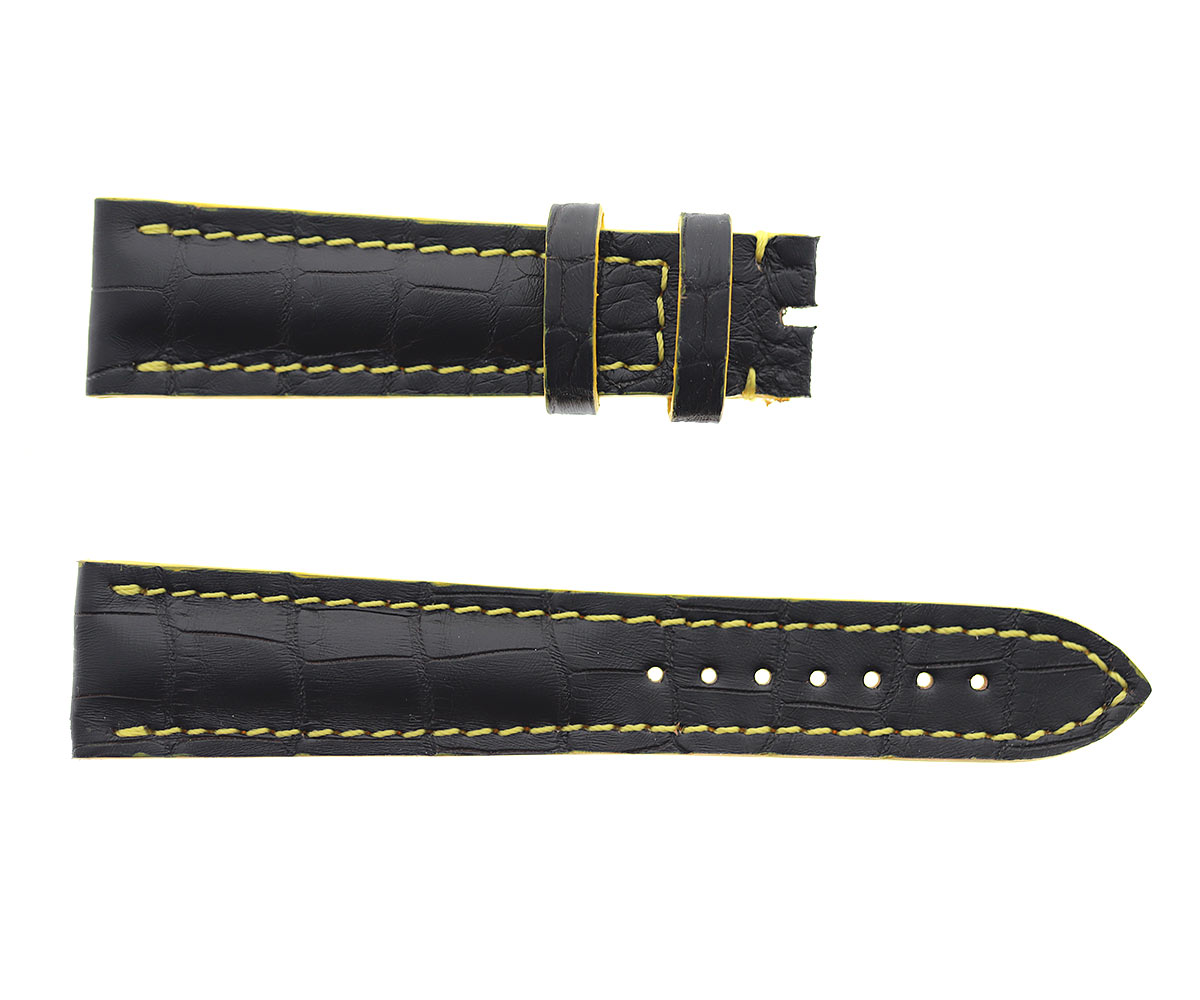 Black Alligator leather strap 22mm Breitling style. Yellow Stitching