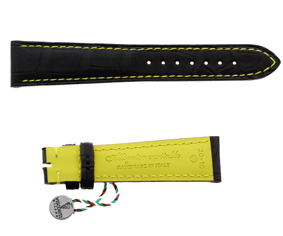 Black Rubberized Alligator leather strap / Yellow Stitching 20mm, 18mm
