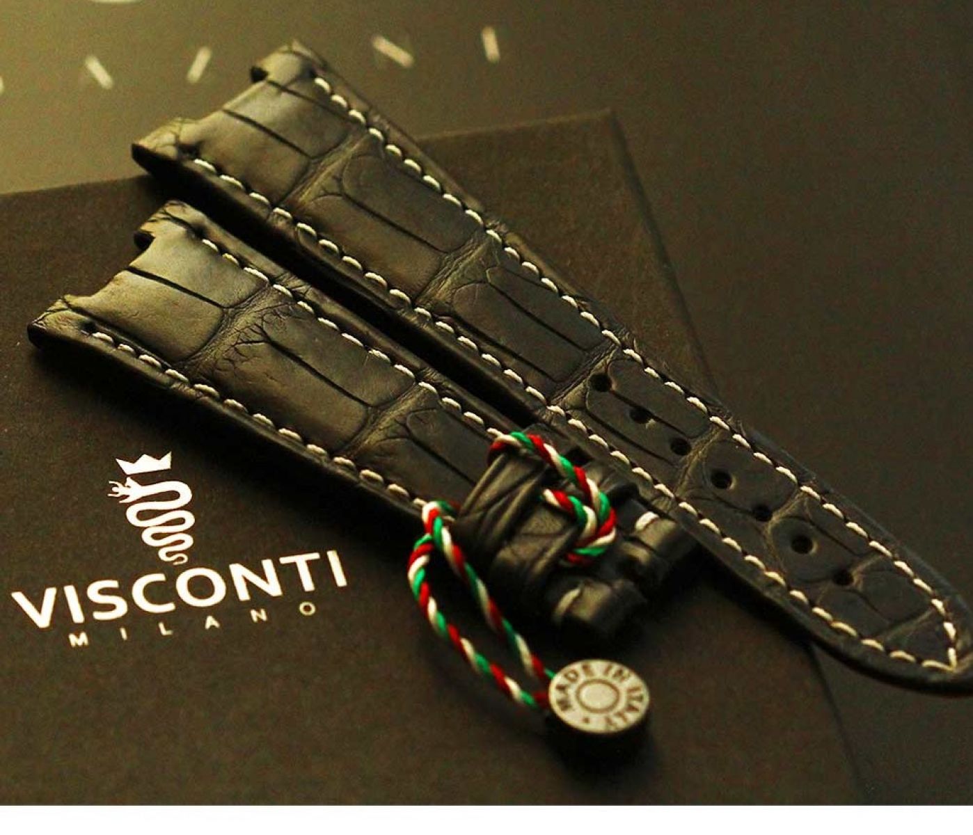 Patek Philippe Nautilus style watch strap 25mm in Black matte Alligator leather. White stitching