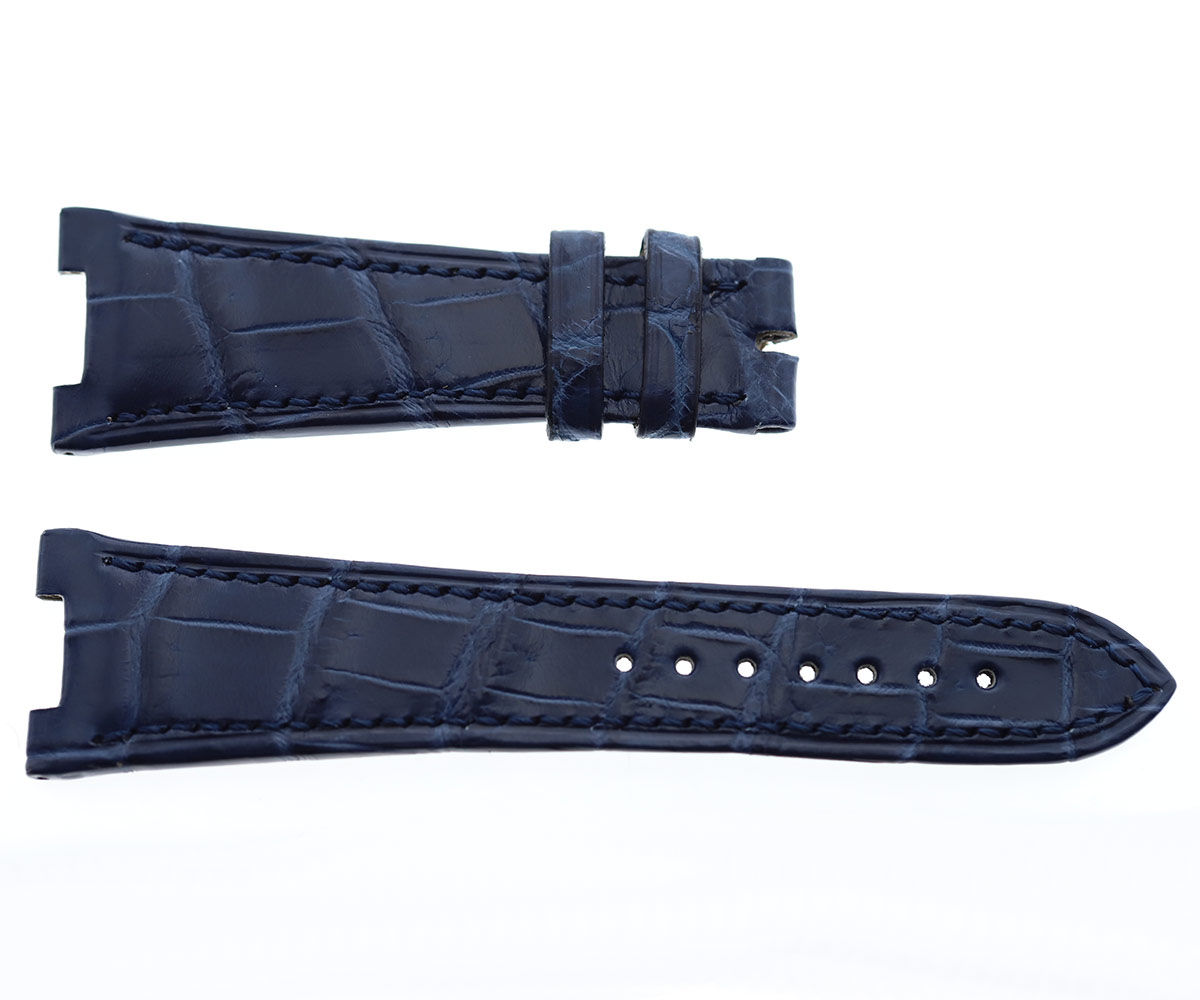 Patek Philippe Nautilus style watch strap 25mm in Gloss Navy Blue Alligator leather. Blue rubberized leather lining
