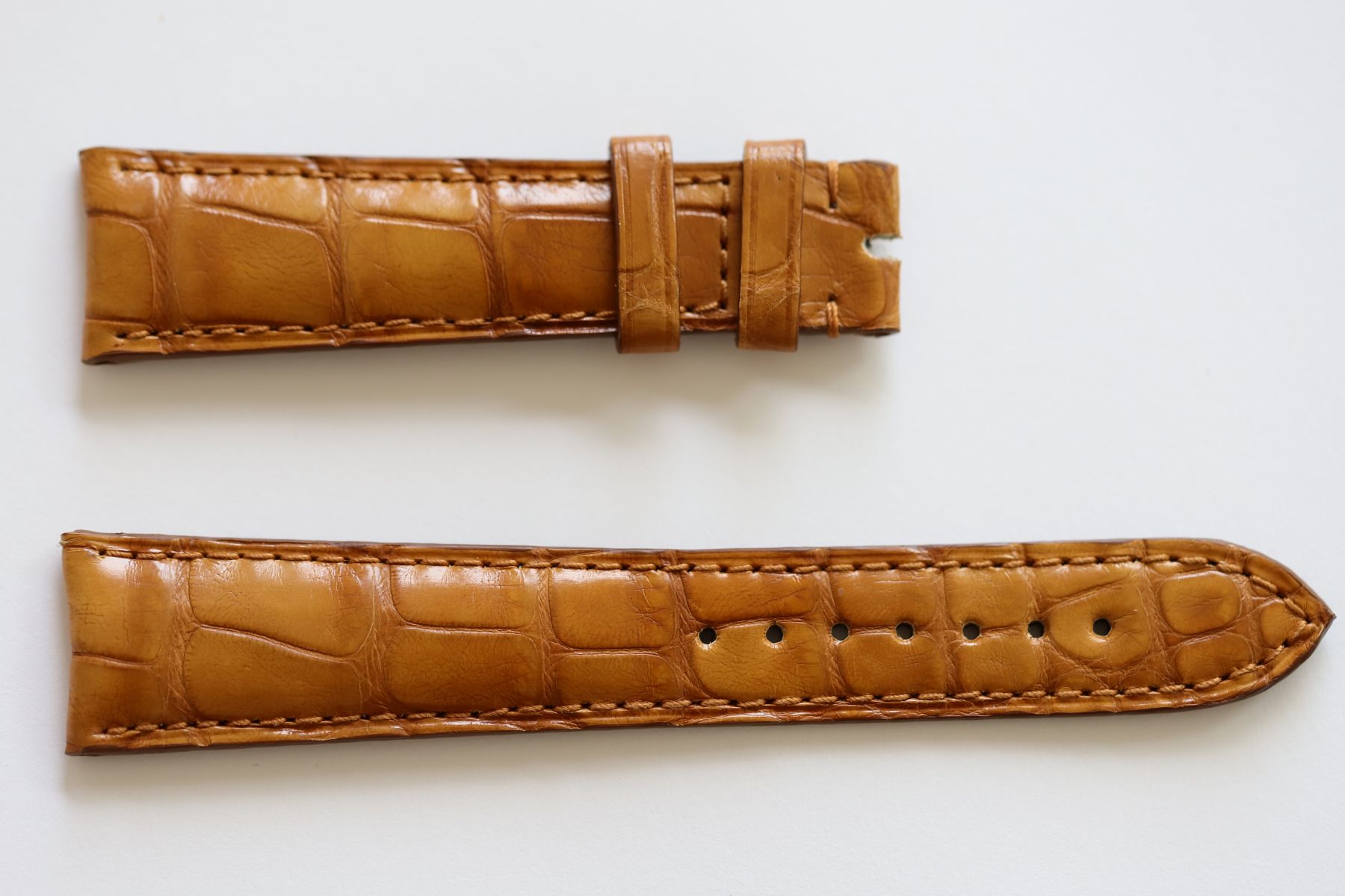 Rolex Cellini Dual / Time / Date Custom made strap in AMBER Brown Matte Alligator leather. Curved lugs