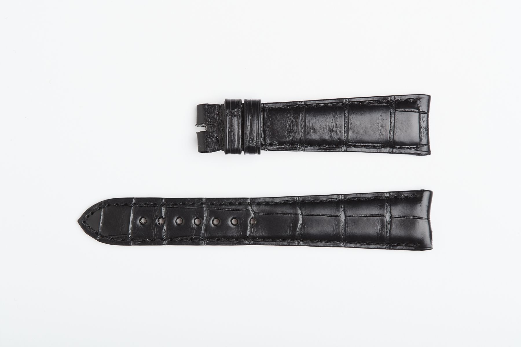 Rolex Cellini Dual / Time / Date Custom made strap in Black Matte Alligator leather. Curved lugs