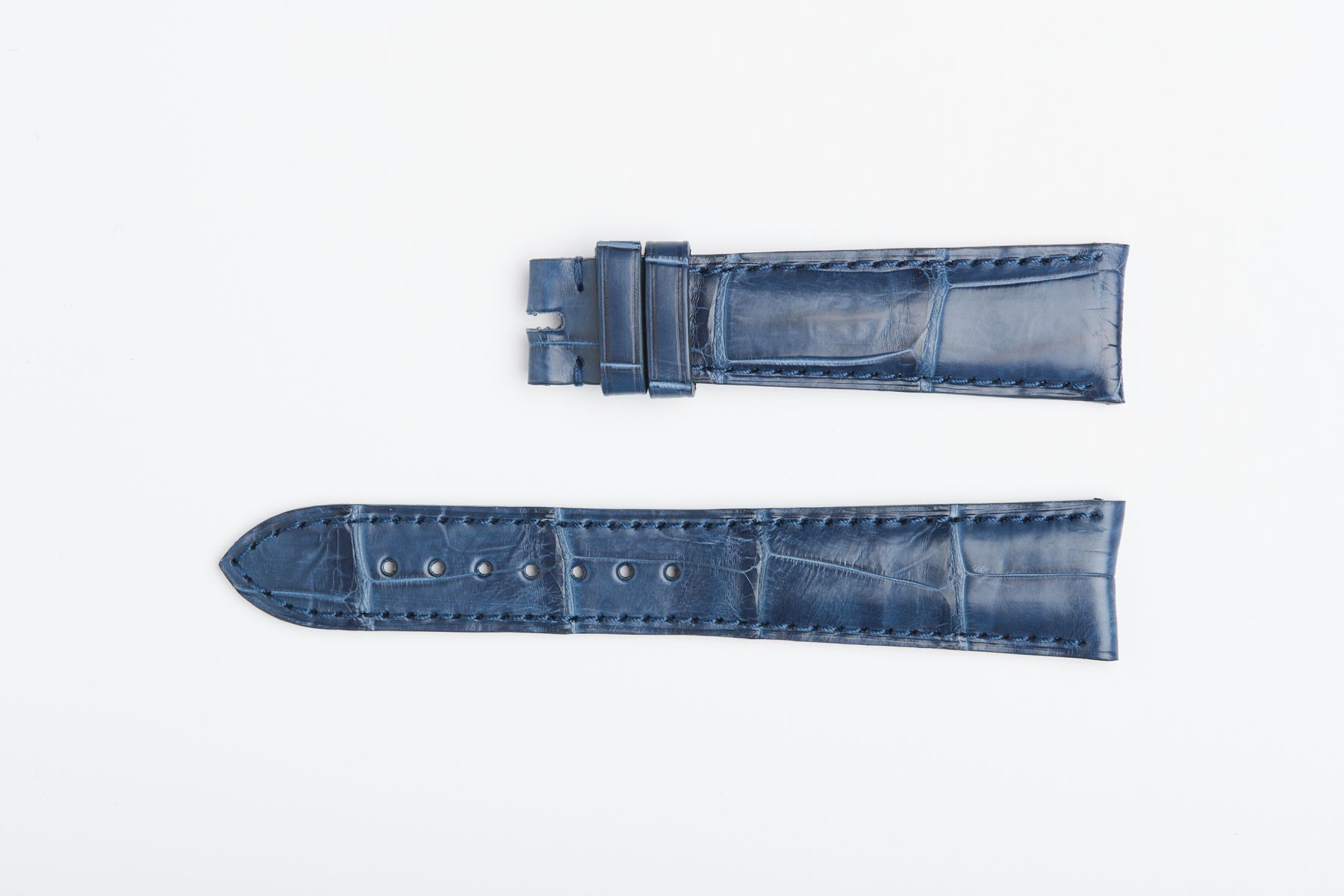 Rolex Cellini Dual / Time / Date Custom made strap in Blue Jeans Matte Alligator leather. Curved lugs