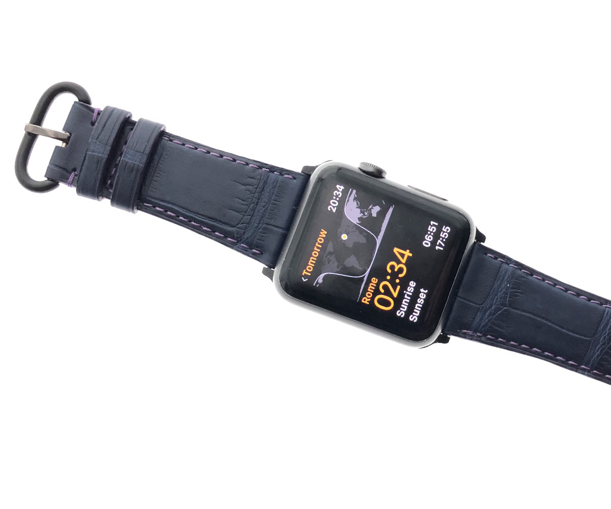 Blue Navy Matte Alligator Apple Watch Strap (All generations) with Violet stitching