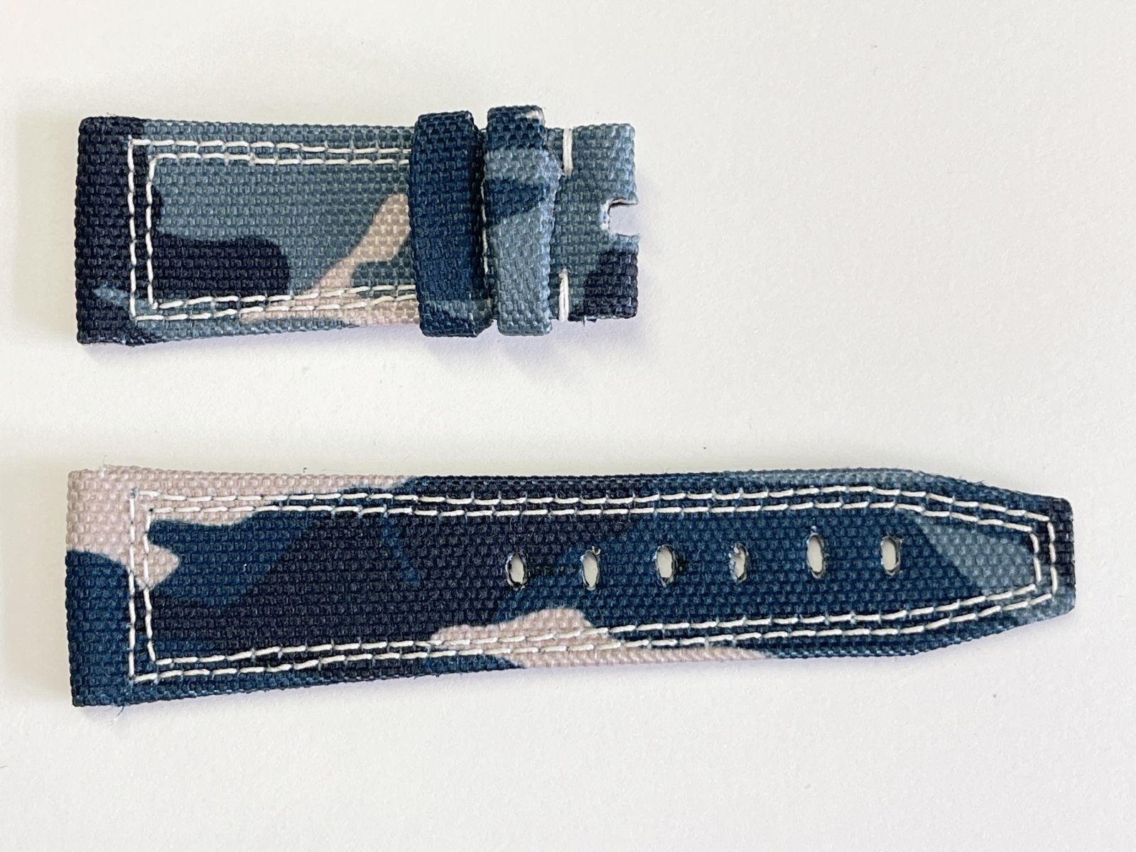Ocean Blue Camouflage Cordura® Panerai style strap. White Double stitching