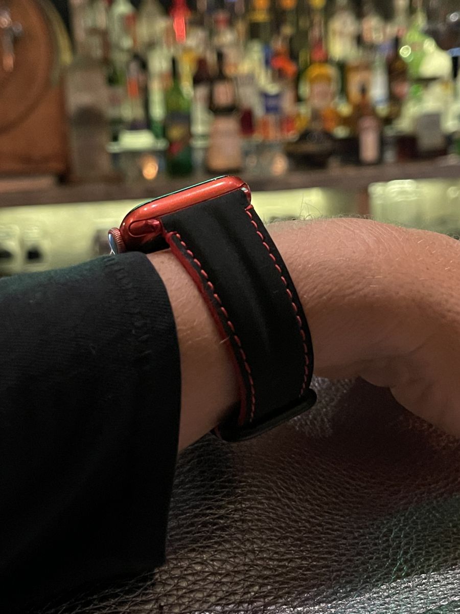 Black Nubuck Corn Vegan Leather Strap for Apple Watch. Red stitching.
