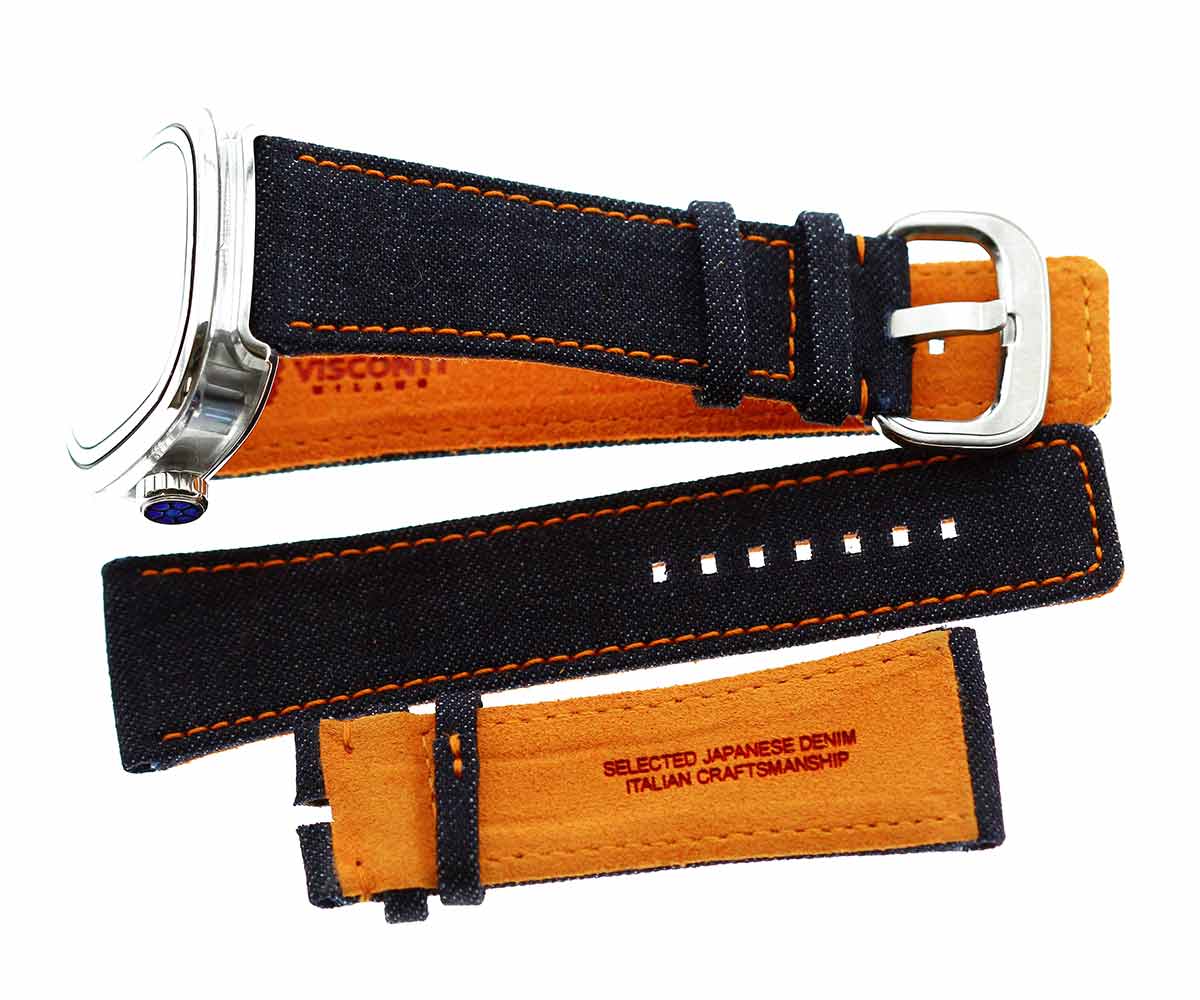 SEVENFRIDAY style Blue Japanese Denim watch strap 28mm. Orange stitching