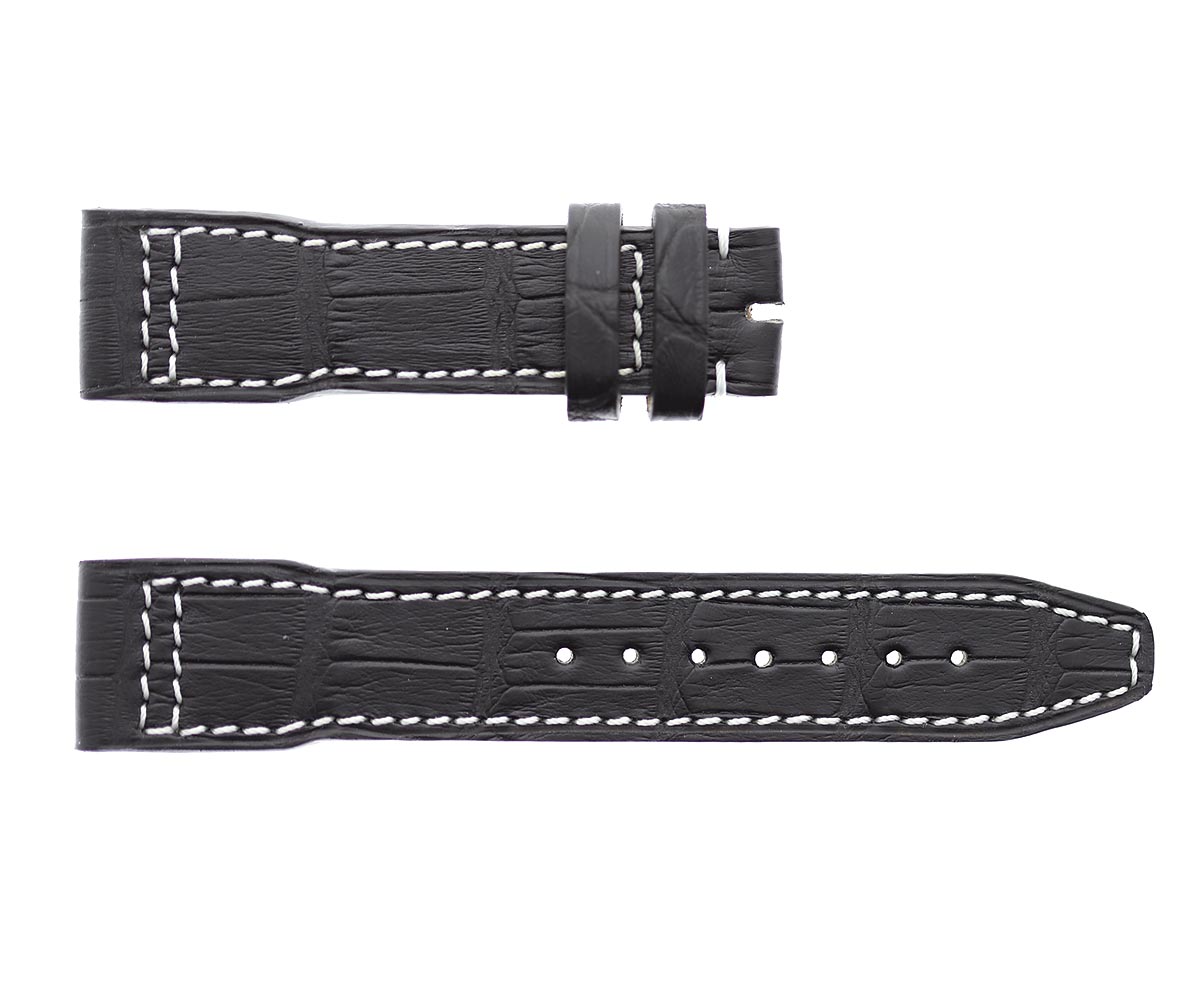 Black Alligator leather strap 20mm for IWC Big Pilot watch. White stitching