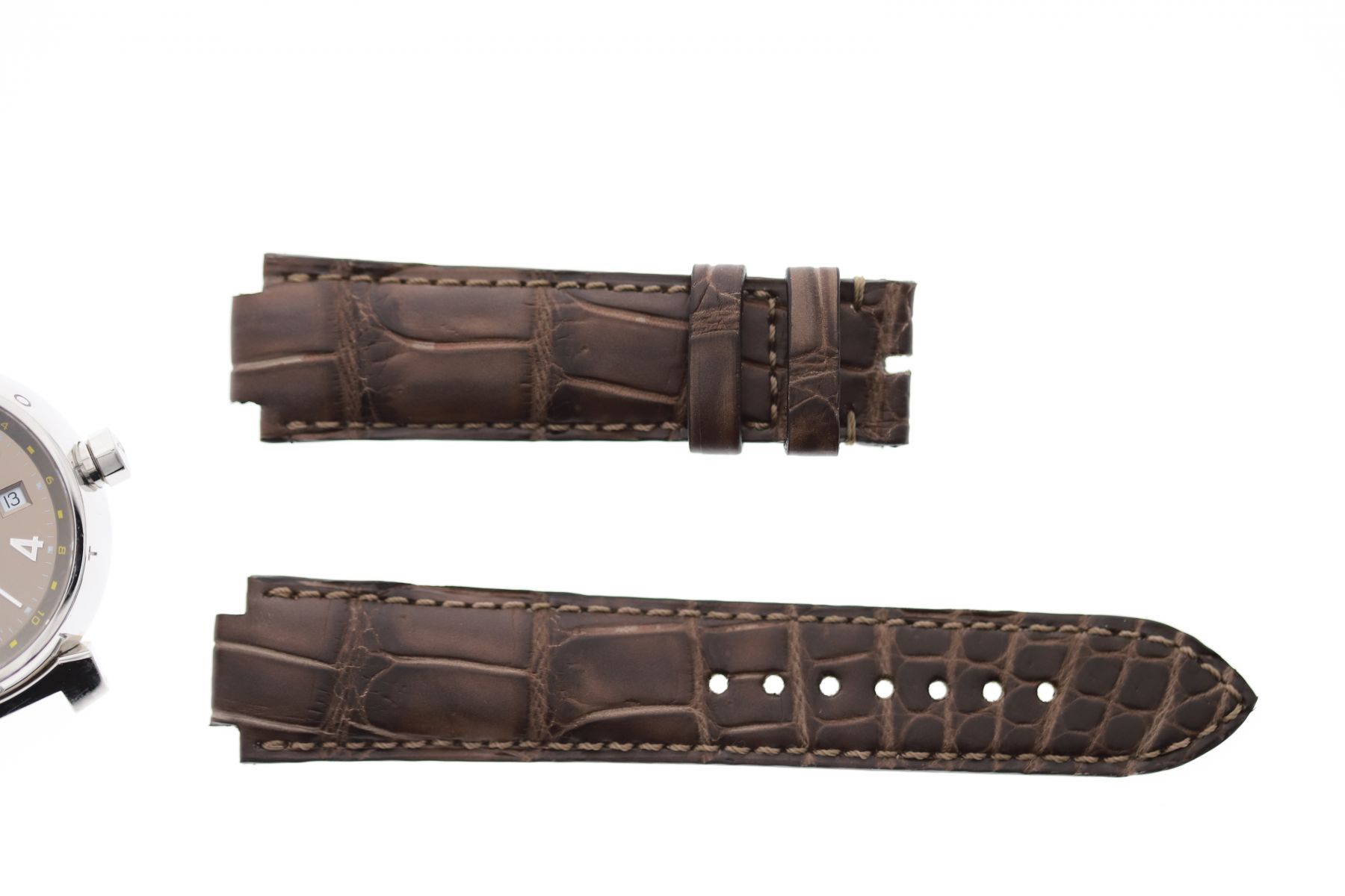 Vintage Wood Brown Matte Alligator Leather strap 21mm Louis Vuitton Tambour style