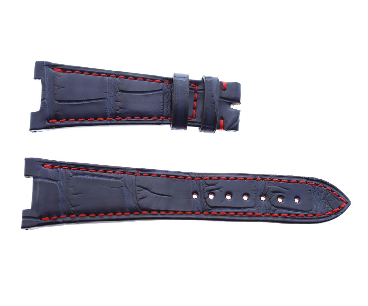 Patek Philippe Nautilus style watch strap 25mm in Dark Blue matte Alligator leather. Red stitching