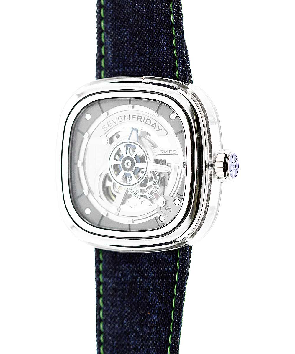 SEVENFRIDAY style Blue Japanese Denim watch strap 28mm. Green stitching