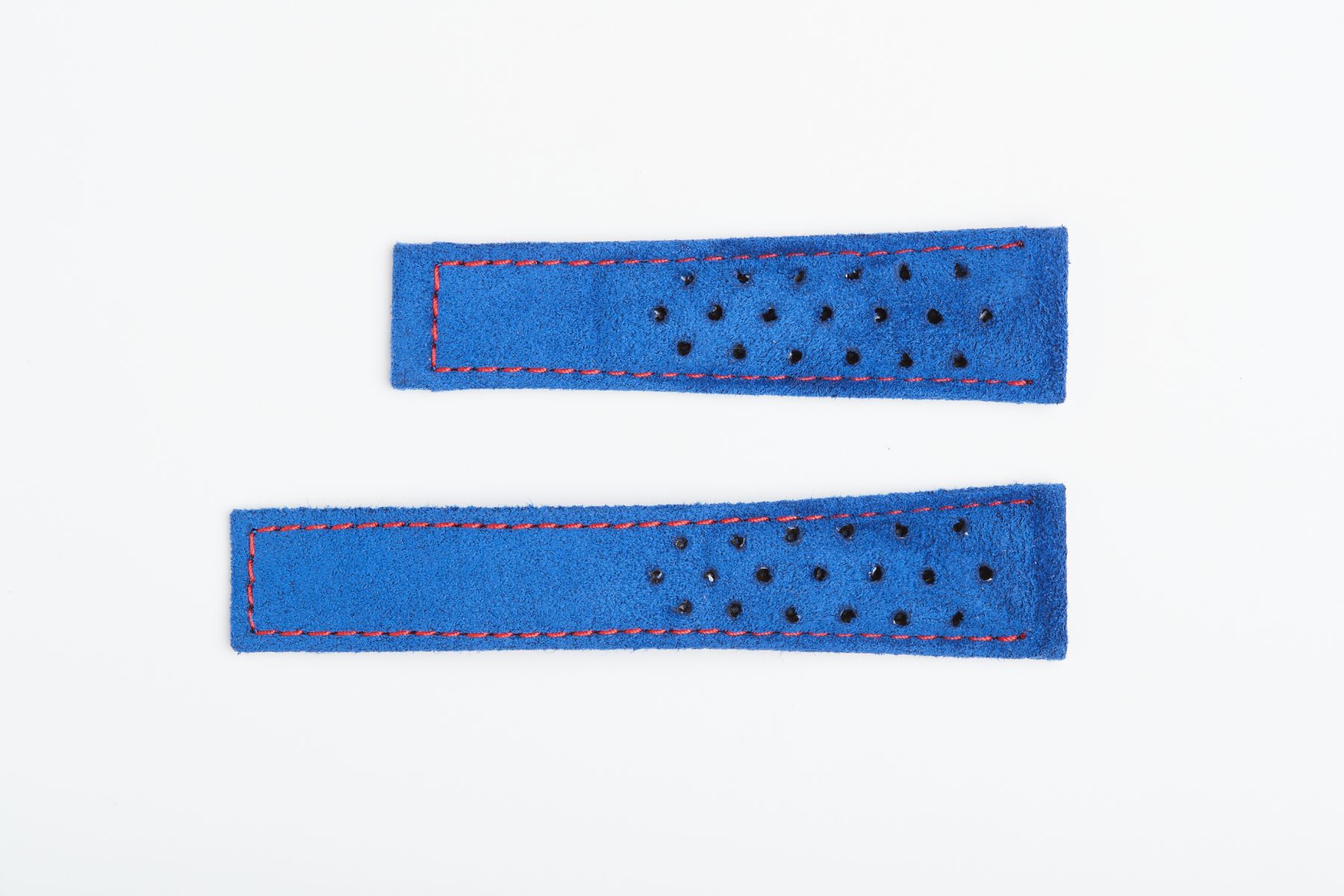 Baltic Blue Italian Alcantara Speedy Watch Band 22mm Tag Heuer Monaco style. Red stitching. Perforated Profile