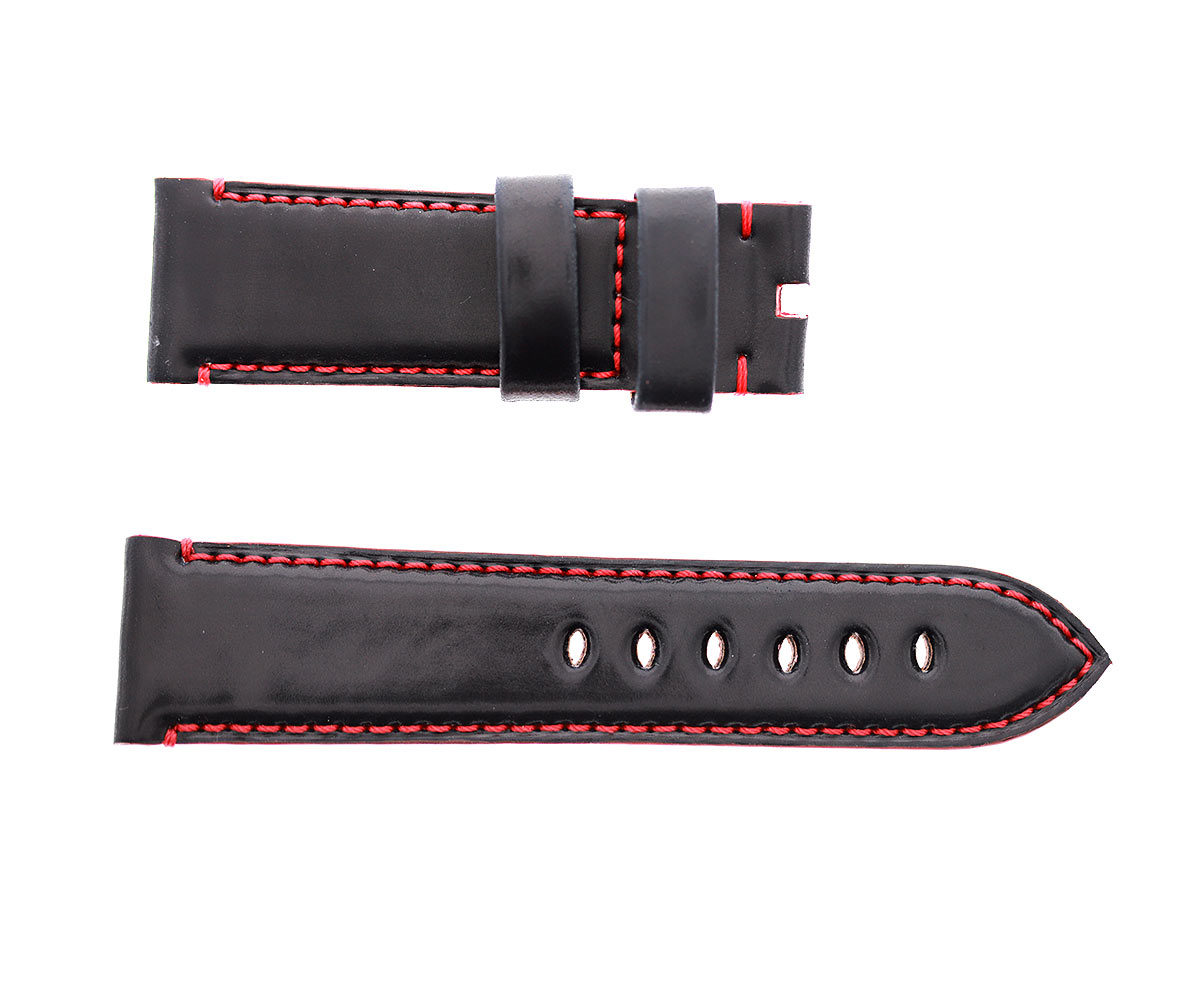 Black Horween Shell Cordovan Panerai style watch strap. Red stitching