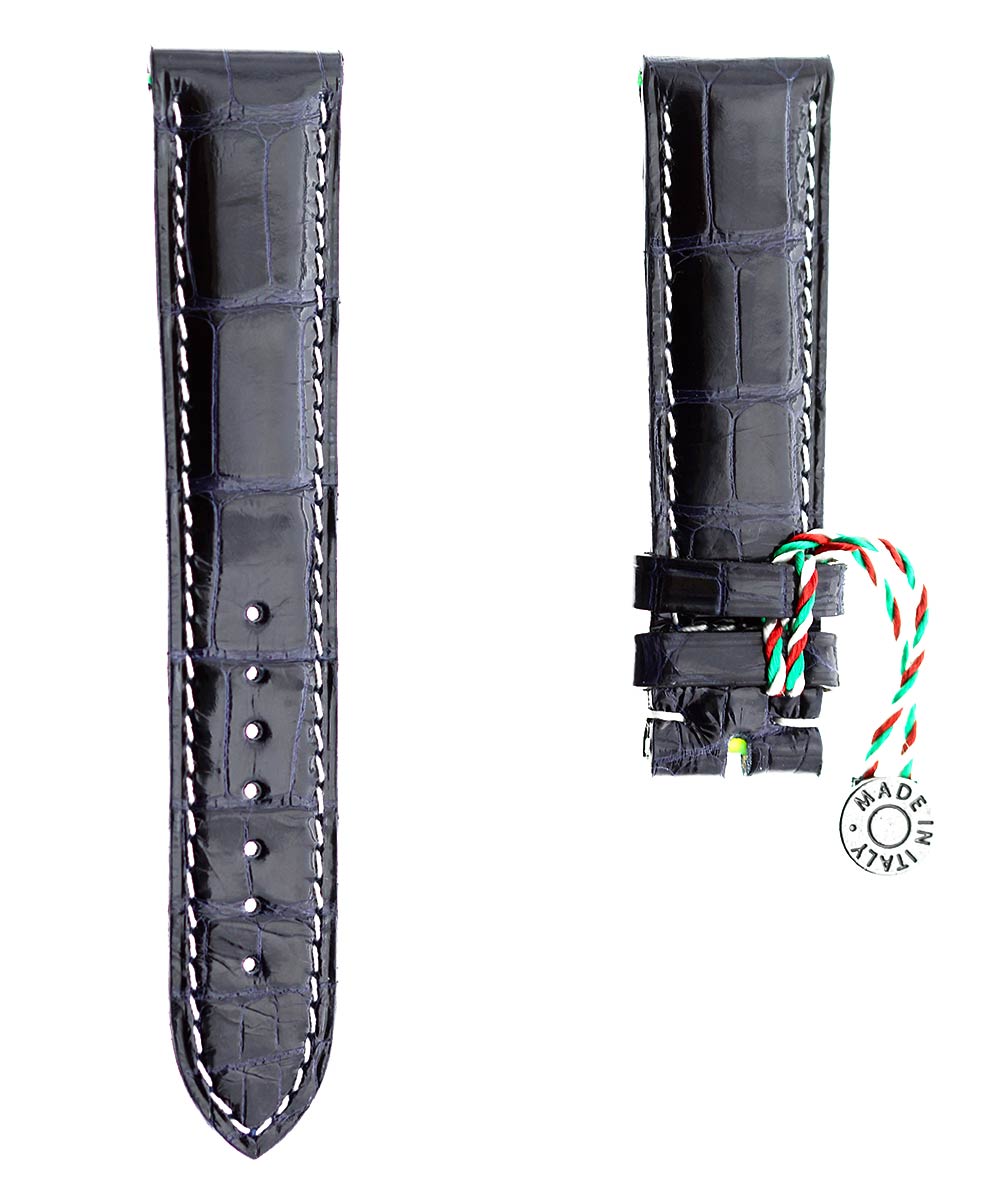 Blue Petrol Shiny Alligator leather strap / White Stitching