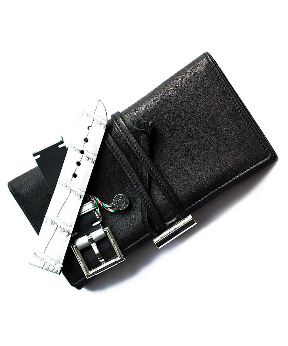 Pocket watch and straps holder / roll in Black Nappa Leather
