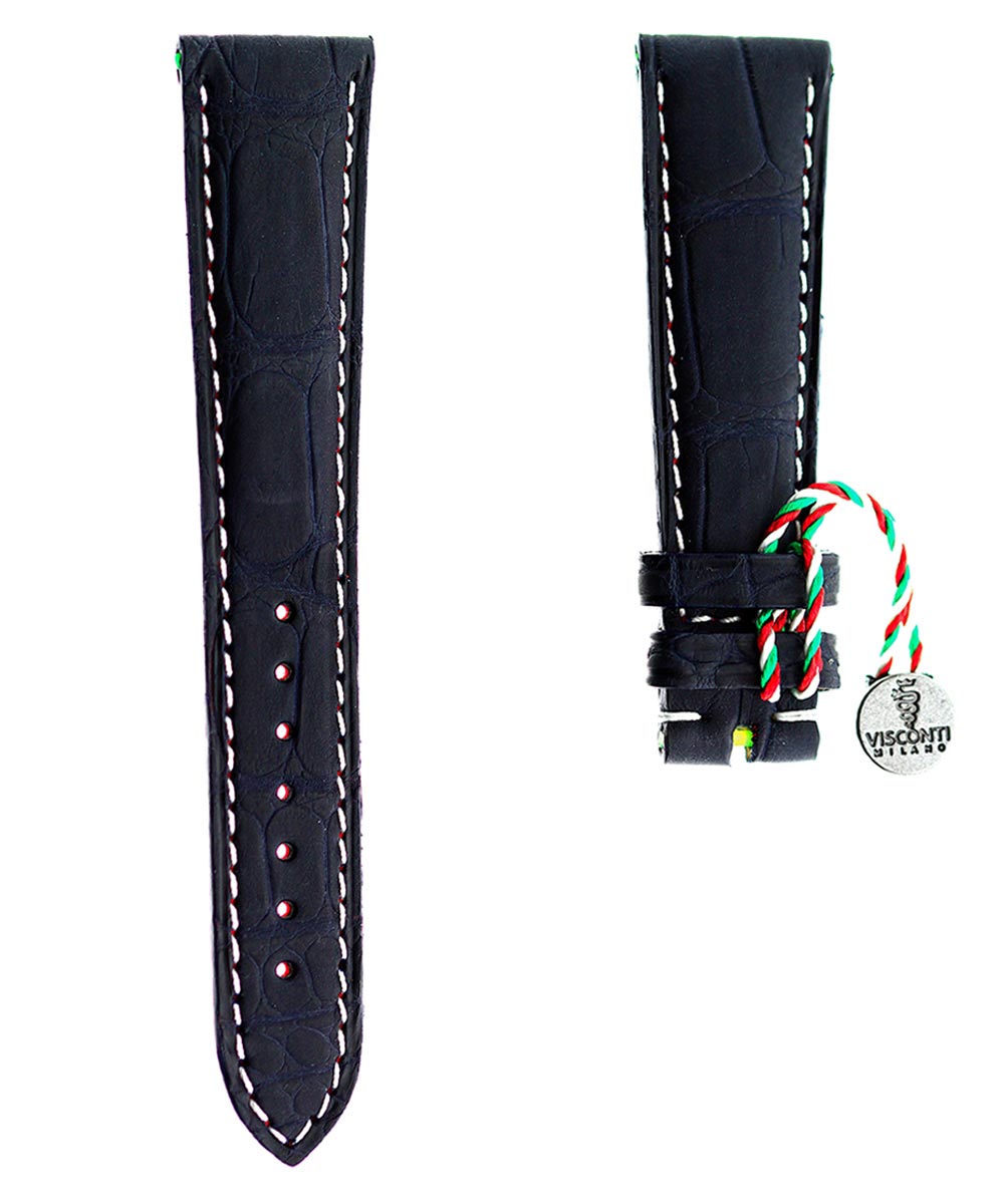 Dark Blue Rubberized Alligator leather strap / White Stitching