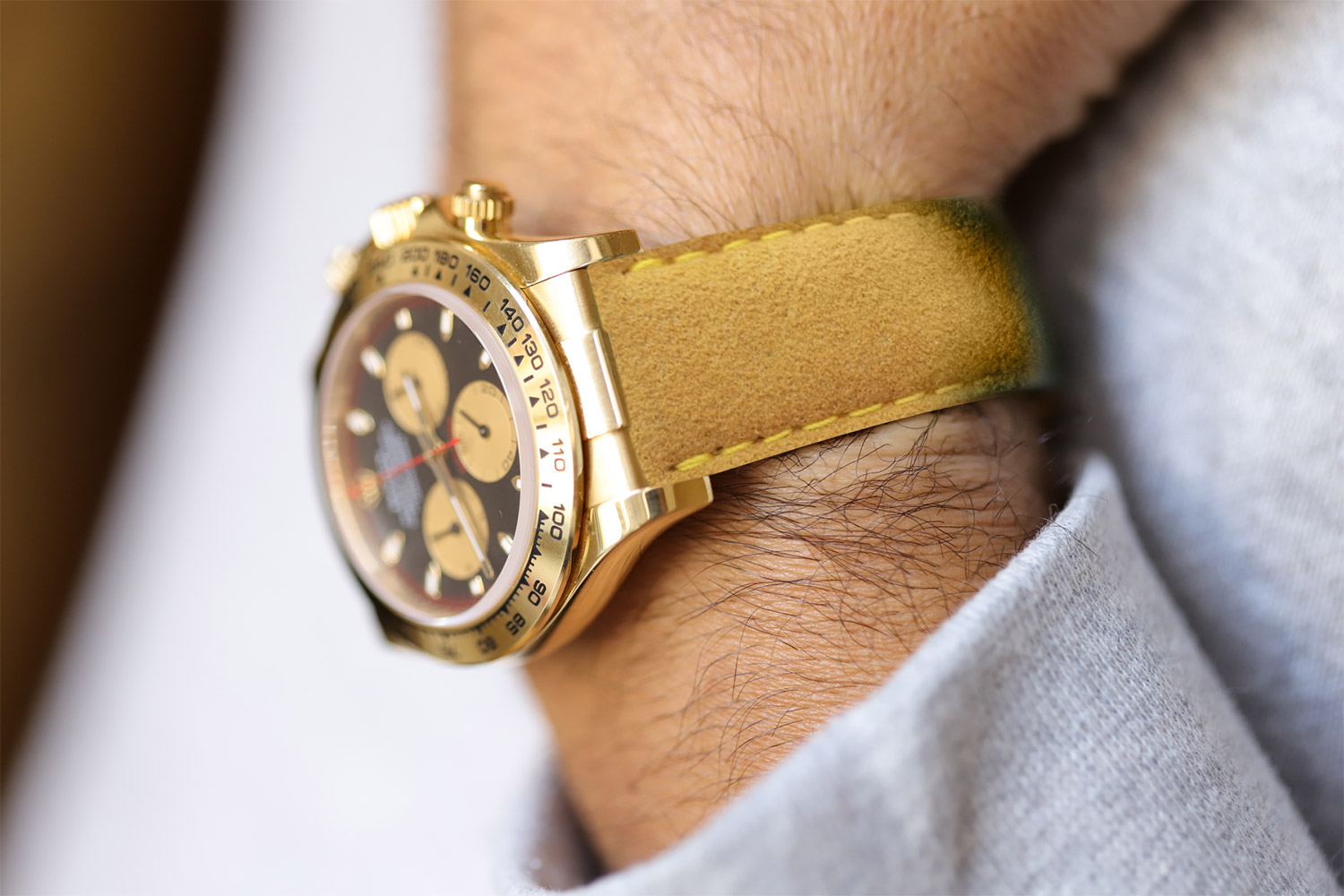 N2 Yellow Gold Alcantara® strap 20mm Rolex Daytona style. Yellow stitching