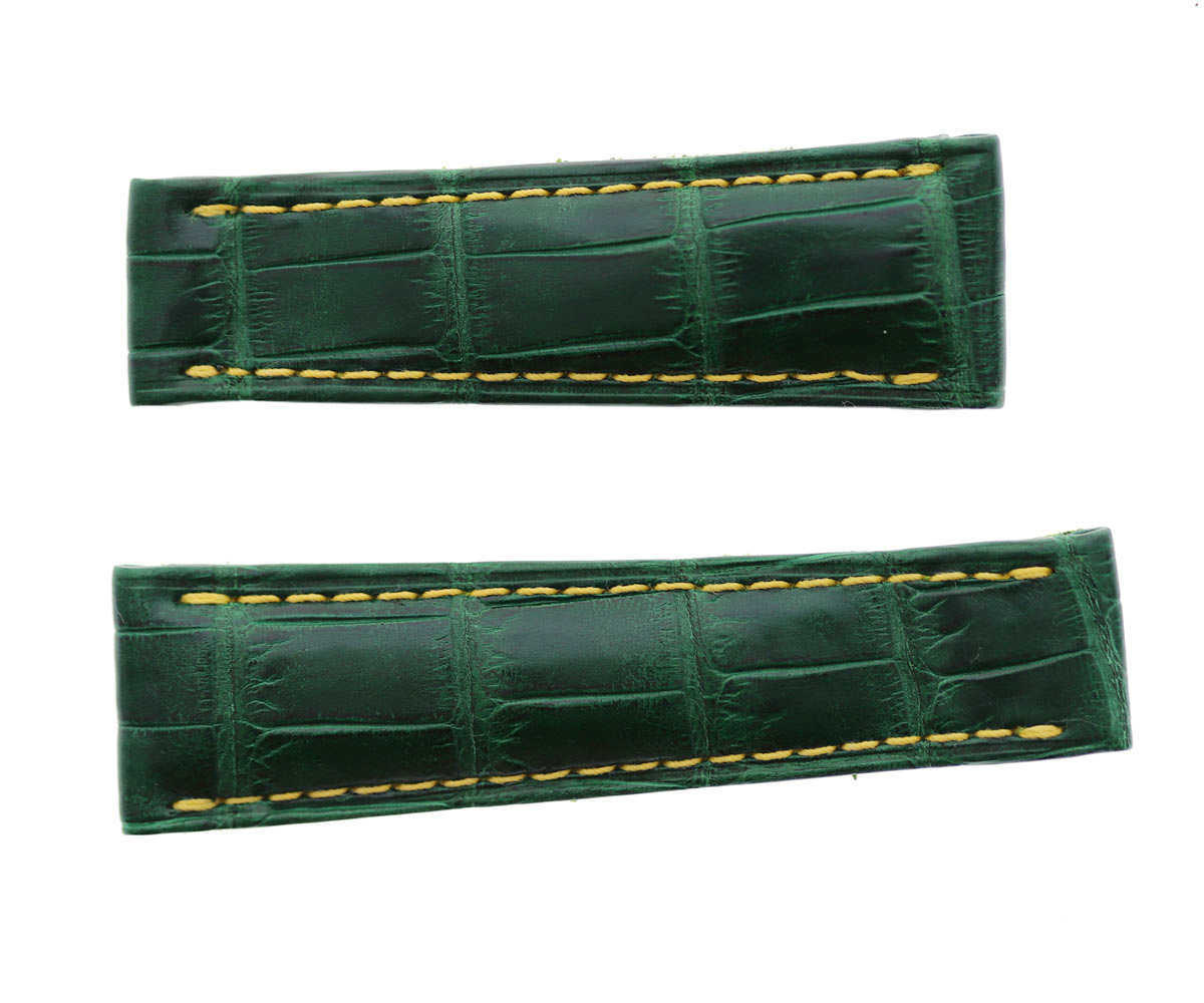 Green Emerald Matte Alligator Leather strap 20mm Rolex Daytona style. Yellow stitching