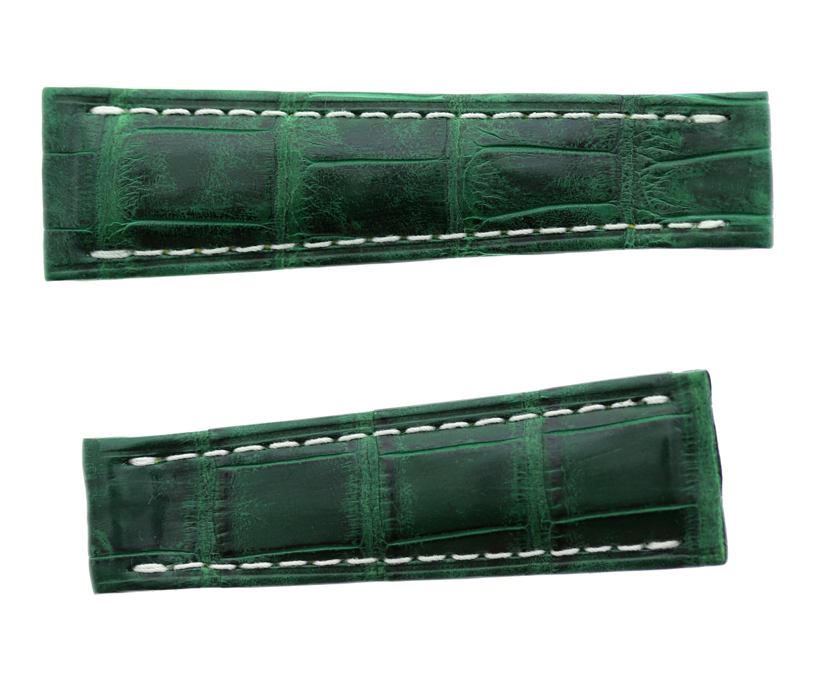 Green Emerald Matte Alligator Leather strap 20mm Rolex Daytona style. White stitching