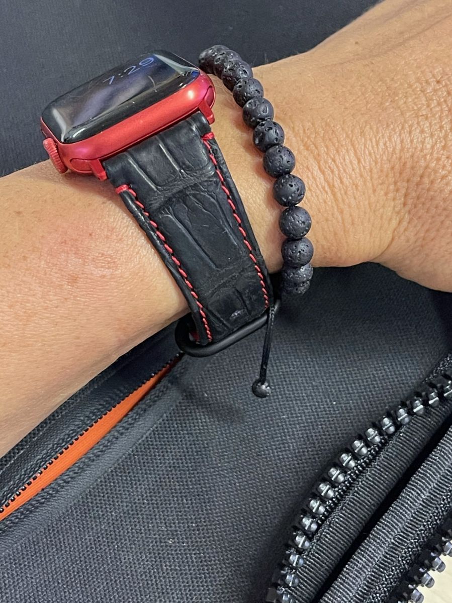Black Nubuck Alligator Leather strap (Apple Watch All Series) with Red stitching