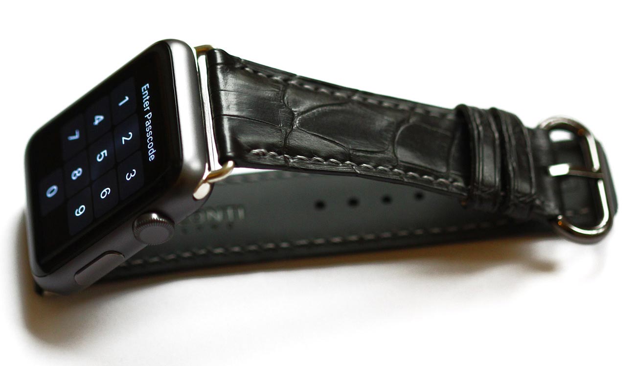 Black Alligator Leather strap (Apple Watch All Series) / Grey Stitching