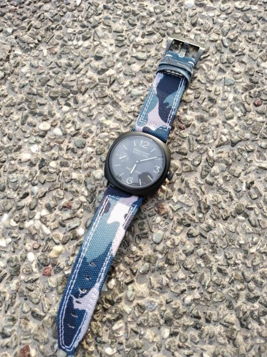 Ocean Blue Camouflage Cordura Panerai style strap. White Double