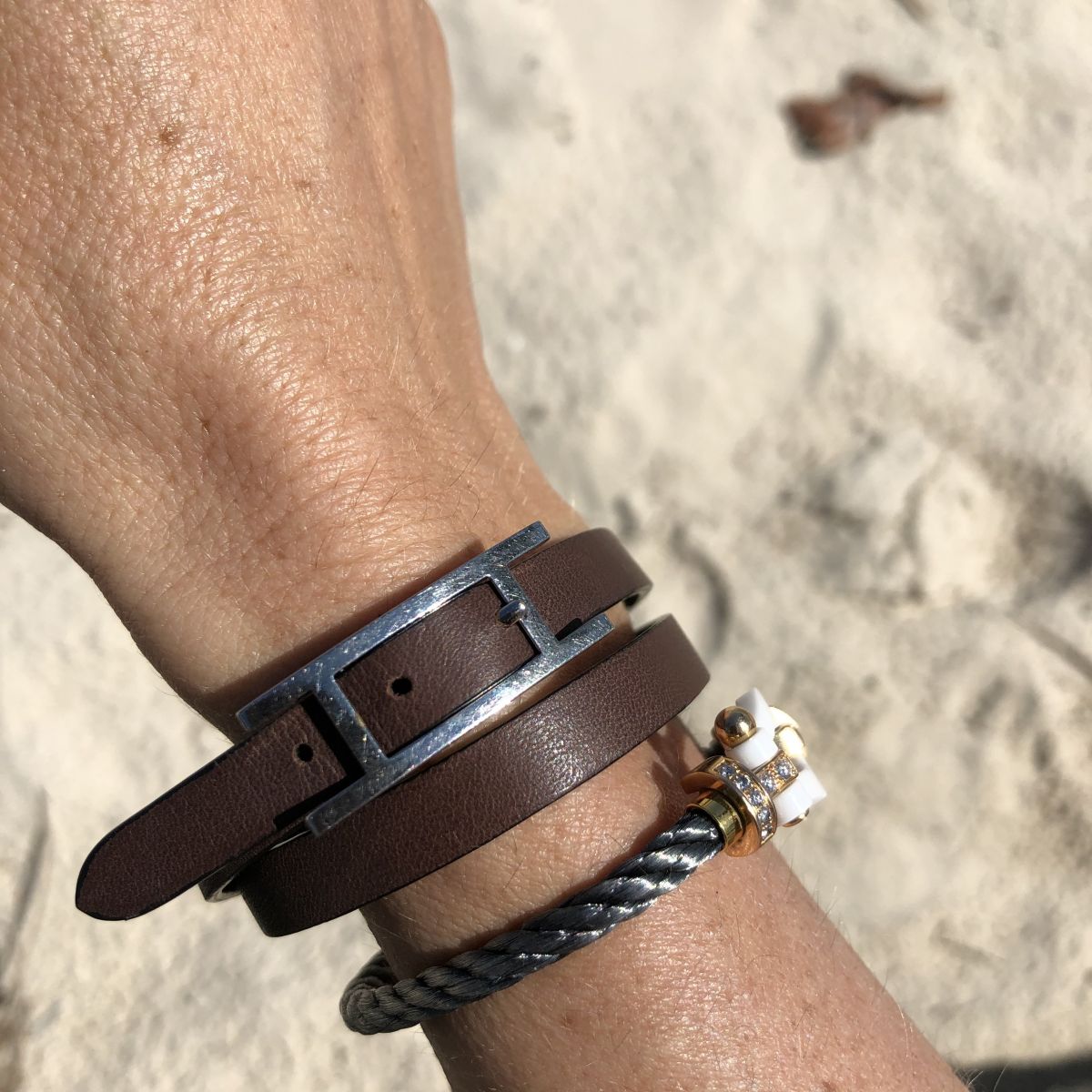 Exclusive Double Tour wrist bracelet in Brown Barenia Luxury Hermes French calf leather