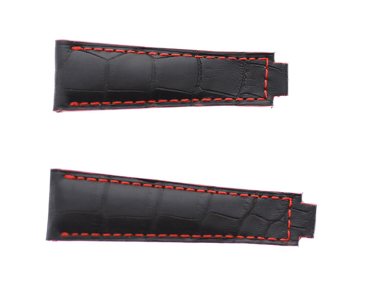 Black Alligator leather strap 20mm for Rolex Daytona / Yacht-Master with Oysterflex / Red Stitching